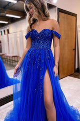 A Line Prom Dress Off the Shoulder Lace Tulle Elegant Evening Dress with Split