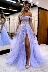 A Line Prom Dress Off the Shoulder Lace Tulle Elegant Evening Dress with Split