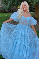 A Line Prom Dress Off the Shoulder Light Blue Tulle Corset Evening Dress with Bowknot
