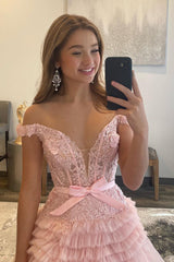 A Line Prom Dress Off the Shoulder Light Pink Long Elegant with Ruffles Evening Dress