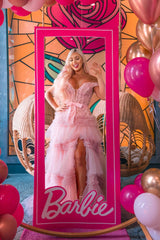 A Line Prom Dress Off the Shoulder Light Pink Long Elegant with Ruffles Evening Dress