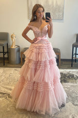 A Line Prom Dress Off the Shoulder Light Pink Long Elegant with Ruffles Evening Dress
