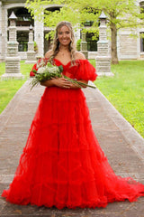 A Line Prom Dress Off the Shoulder Red Tulle Corset Evening Dress with Bowknot