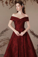 A Line Prom Dress Off the Shoulder Satin Burgundy Long Evening Dress