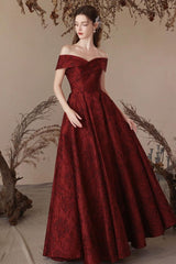A Line Prom Dress Off the Shoulder Satin Burgundy Long Evening Dress