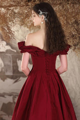 A Line Prom Dress Off the Shoulder Satin Burgundy Long Evening Dress