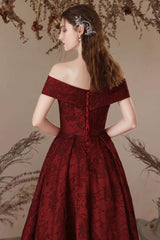A Line Prom Dress Off the Shoulder Satin Burgundy Long Evening Dress