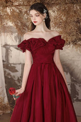 A Line Prom Dress Off the Shoulder Satin Burgundy Long Evening Dress