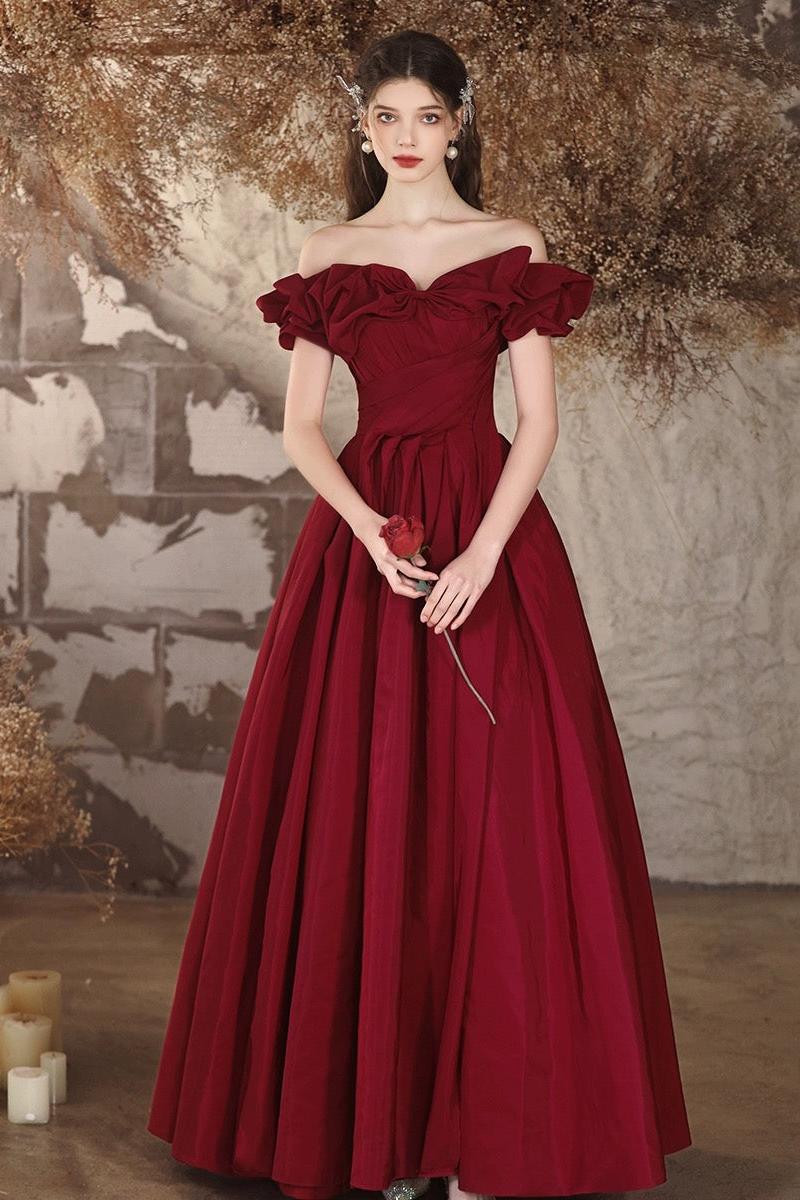 A Line Prom Dress Off the Shoulder Satin Burgundy Long Evening Dress