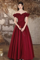 A Line Prom Dress Off the Shoulder Satin Burgundy Long Evening Dress