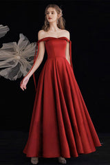 A Line Prom Dress Off the Shoulder Satin Burgundy Long Formal Dress Evening Dress