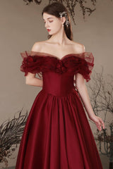 A Line Prom Dress Off the Shoulder Satin Burgundy Long Formal Dress Evening Dress