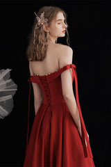 A Line Prom Dress Off the Shoulder Satin Burgundy Long Formal Dress Evening Dress