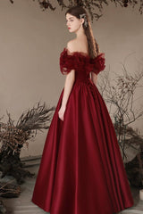 A Line Prom Dress Off the Shoulder Satin Burgundy Long Formal Dress Evening Dress