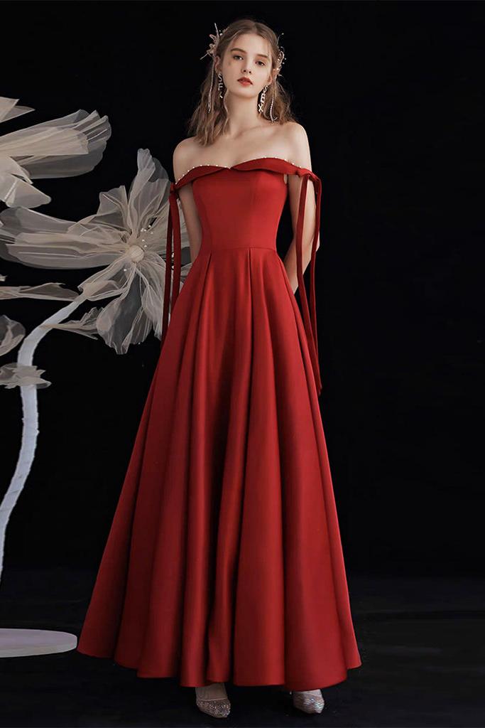 A Line Prom Dress Off the Shoulder Satin Burgundy Long Formal Dress Evening Dress