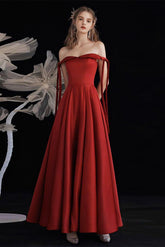 A Line Prom Dress Off the Shoulder Satin Burgundy Long Formal Dress Evening Dress