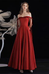 A Line Prom Dress Off the Shoulder Satin Burgundy Long Formal Dress Evening Dress