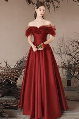 A Line Prom Dress Off the Shoulder Satin Burgundy Long Formal Dress Evening Dress