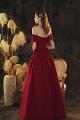 A Line Prom Dress Off the Shoulder Satin Burgundy Long Formal Evening Dress