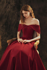 A Line Prom Dress Off the Shoulder Satin Burgundy Long Formal Evening Dress