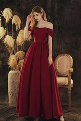A Line Prom Dress Off the Shoulder Satin Burgundy Long Formal Evening Dress