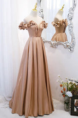 A Line Prom Dress Off the Shoulder Satin Champagne Long Formal Dress Evening Dress