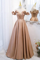 A Line Prom Dress Off the Shoulder Satin Champagne Long Formal Dress Evening Dress