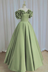 A Line Prom Dress Off the Shoulder Satin Green Long Formal Gown Evening Dress