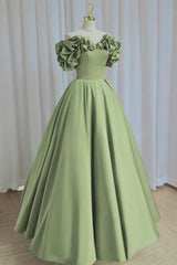 A Line Prom Dress Off the Shoulder Satin Green Long Formal Gown Evening Dress