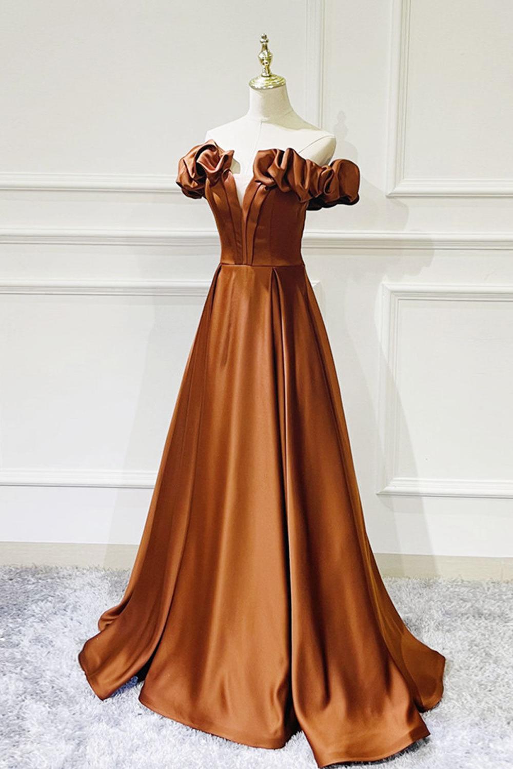 A Line Prom Dress Off the Shoulder Satin Long Simple Evening Dress
