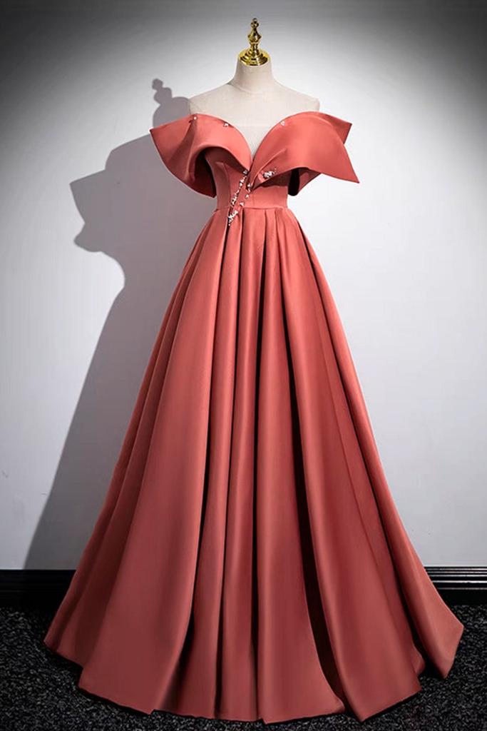 A Line Prom Dress Off the Shoulder Satin Long Watermelon Red Formal Dress Evening Dress