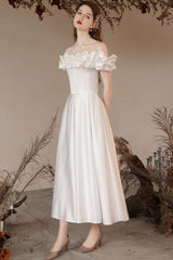 A Line Prom Dress Off the Shoulder Satin Tea Length Burgundy Formal Evening Dress