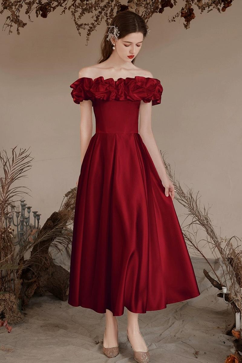 A Line Prom Dress Off the Shoulder Satin Tea Length Burgundy Formal Evening Dress