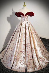 A Line Prom Dress Off the Shoulder Satin/Velvet Champagne Long Evening Dress