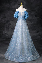 A Line Prom Dress Off the Shoulder Sequin Beaded Blue Long Evening Dress