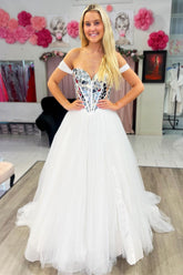 A Line Prom Dress Off the Shoulder Sequin Tulle Evening Dress
