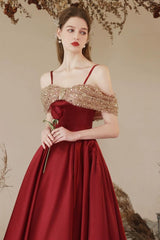 A Line Prom Dress Off the Shoulder Sweetheart Neck Tea Length Burgundy Evening Dress