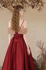 A Line Prom Dress Off the Shoulder Sweetheart Neck Tea Length Burgundy Evening Dress