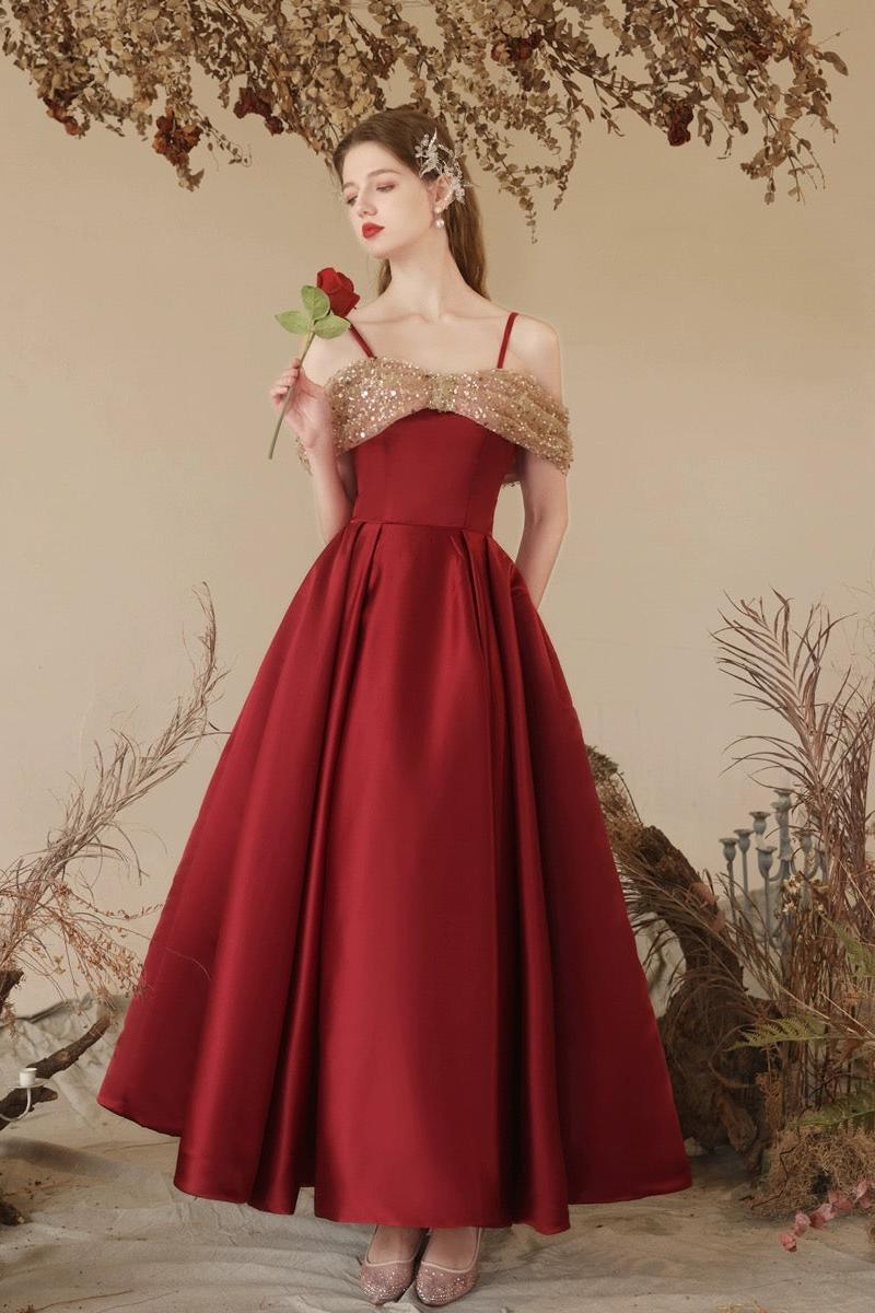 A Line Prom Dress Off the Shoulder Sweetheart Neck Tea Length Burgundy Evening Dress