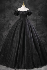 A Line Prom Dress Off the Shoulder Tulle Black Long Evening Gown Evening Dress