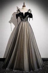 A Line Prom Dress Off the Shoulder Tulle Black Long Formal Dress Evening Dress