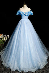 A Line Prom Dress Off the Shoulder Tulle Blue Long Formal Dress Evening Dress