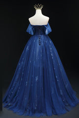 A Line Prom Dress Off the Shoulder Tulle Dark Blue Long Formal Gown Evening Dress