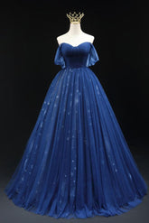 A Line Prom Dress Off the Shoulder Tulle Dark Blue Long Formal Gown Evening Dress