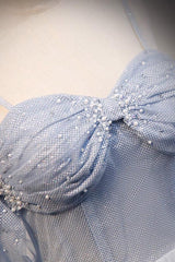 A Line Prom Dress Off the Shoulder Tulle Gray Blue Long Formal Dress Evening Dress