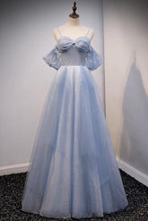A Line Prom Dress Off the Shoulder Tulle Gray Blue Long Formal Dress Evening Dress