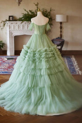 A Line Prom Dress Off the Shoulder Tulle Green Long Sweet 16 Dress Evening Dress