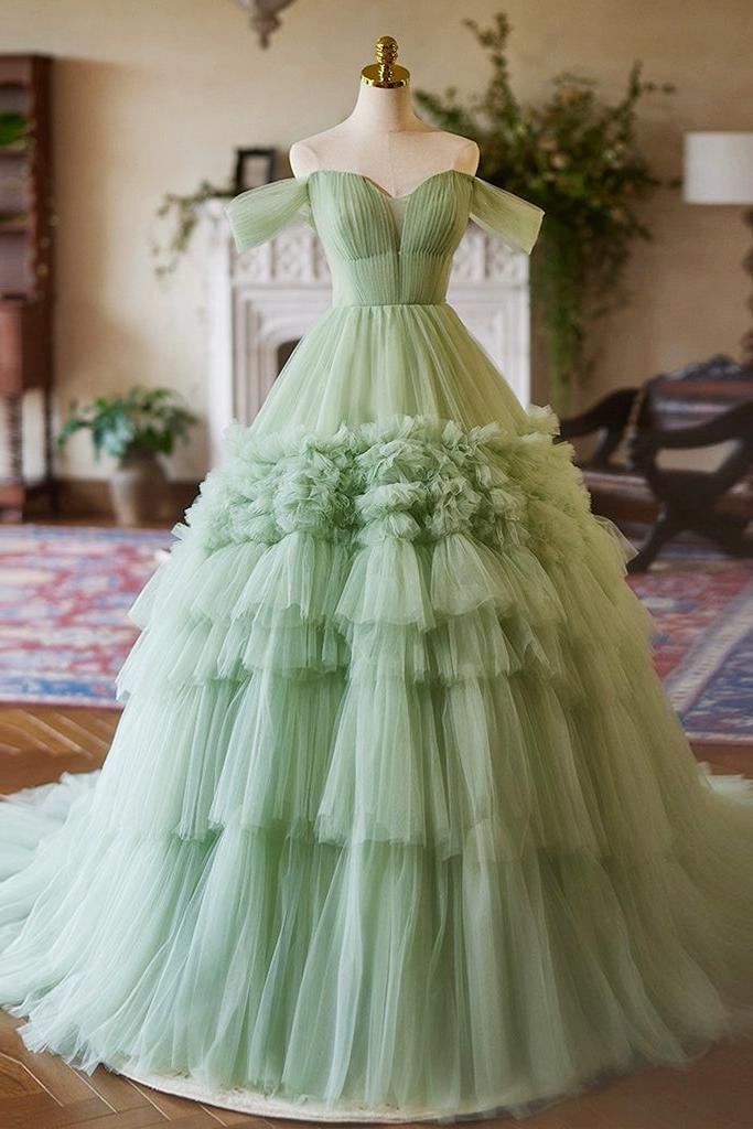 A Line Prom Dress Off the Shoulder Tulle Green Long Sweet 16 Dress Evening Dress