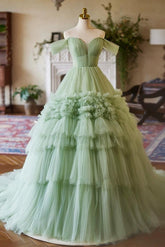 A Line Prom Dress Off the Shoulder Tulle Green Long Sweet 16 Dress Evening Dress