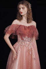 A Line Prom Dress Off the Shoulder Tulle Lace Burgundy Long Formal Dress Evening Dress